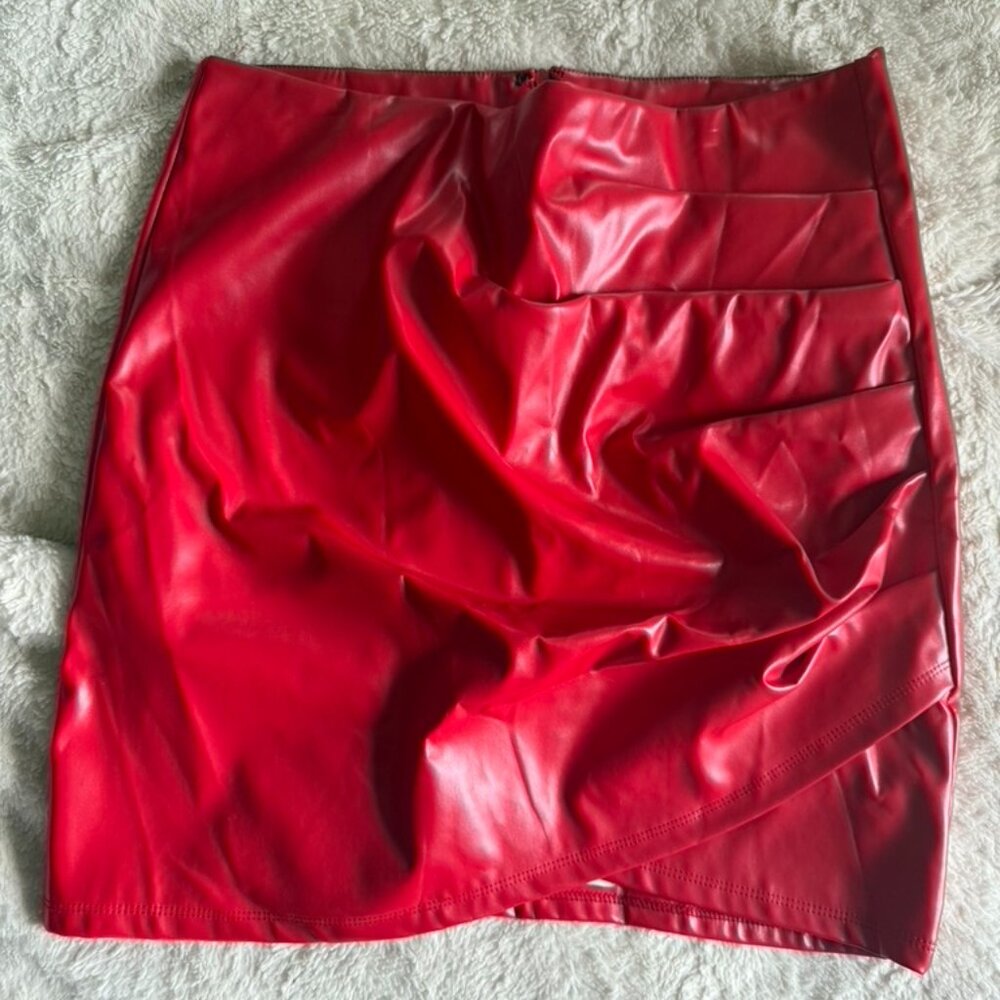 Red faux leather miniskirt with asymmetrical wrap